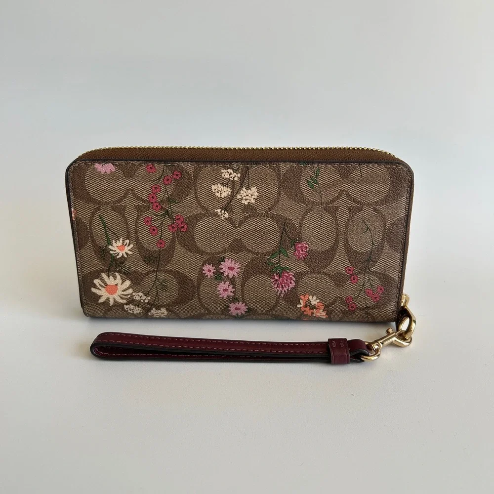 Coach Accordion Wildflower Tan Signature Canvas Wristlet Wallet Excellent